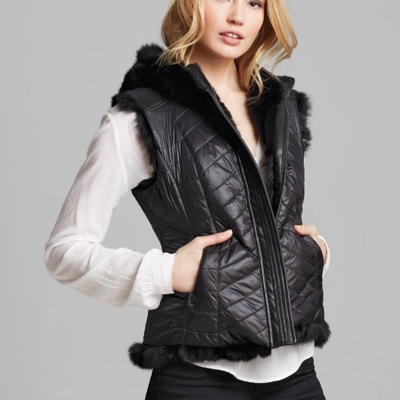 BCBG Hooded Reversible Rabbit Fur Hooded Vest - Picture 3 of 12